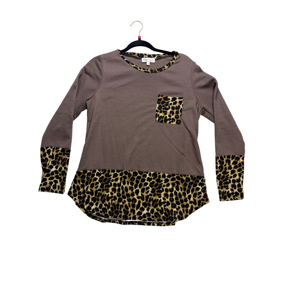 Perfect Peach Long Sleeve Top Womens Large Mocha Leopard Print Colorblock Pocket